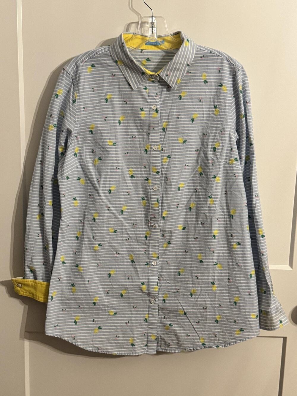 J. McLaughlin Shirt Womens Medium Gray Lemon Print Stripe Button Front Cotton